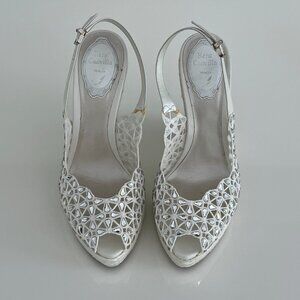 RENE CAOVILLA WHITE LEATHER ESPADRILLE CRYSTAL WEDGE SANDALS SIZE IT 38 / US 8